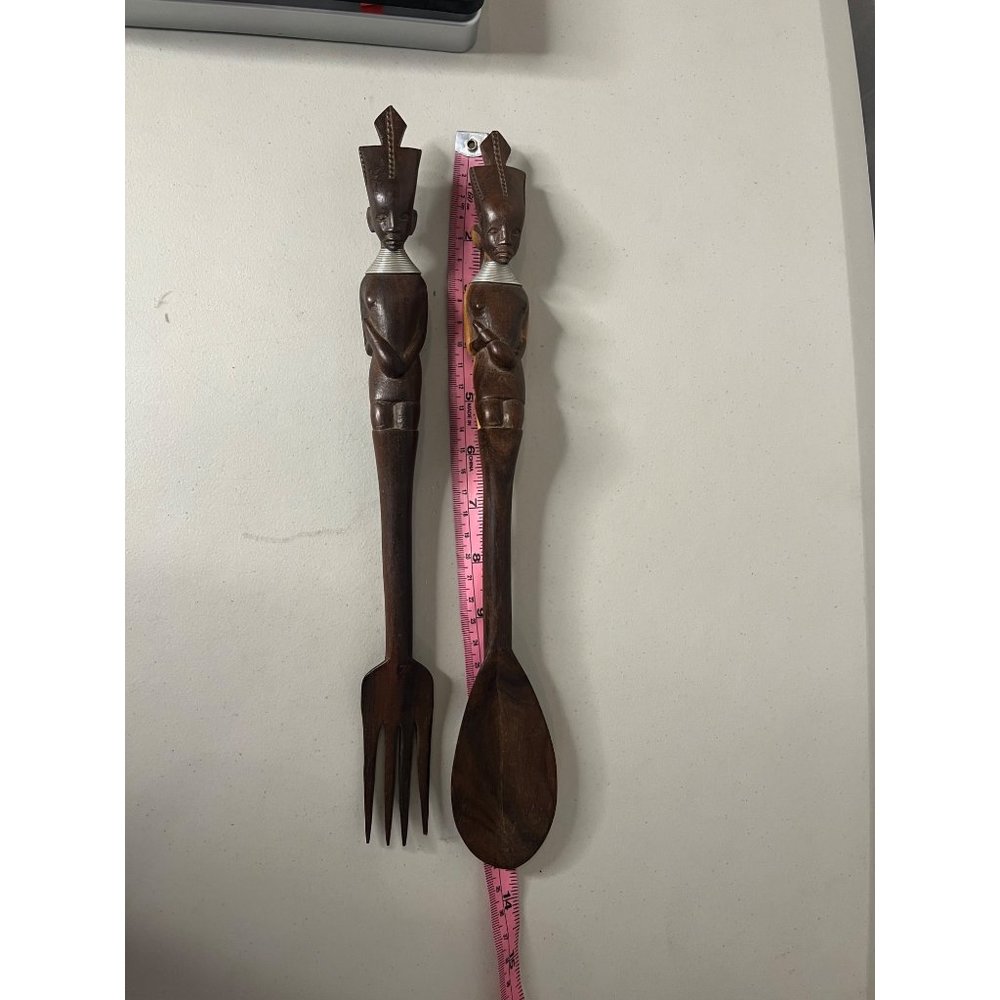VINTAGE African Folk Art Fork and Spoon Hand Carved Wood Salad Set - Picture 1 of 10